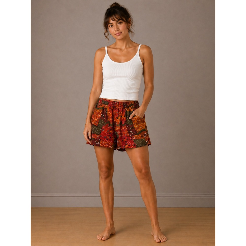 Jane Ashley Vintage 100% Silk Patchwork Print Shorts Red Orange Green Medium